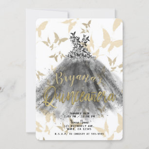 Schmetterling Tanzkleid Schwarz & Gold Quinceañera Einladung