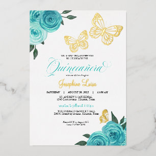 Schmetterling Türkis Rosen Quinceanera Real Folieneinladung