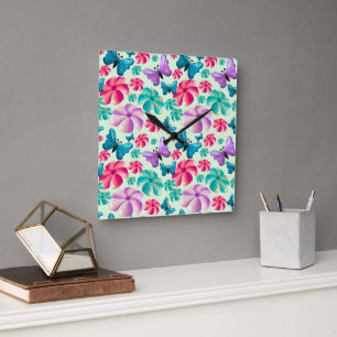 Schmetterling- und Blumen-Ästhetik-Muster Quadratische Wanduhr