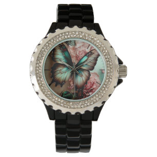Schmetterling und Blumen mit Strasssteinen Armbanduhr