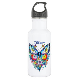 Schmetterling und Blumenherz Personalisiert Edelstahlflasche