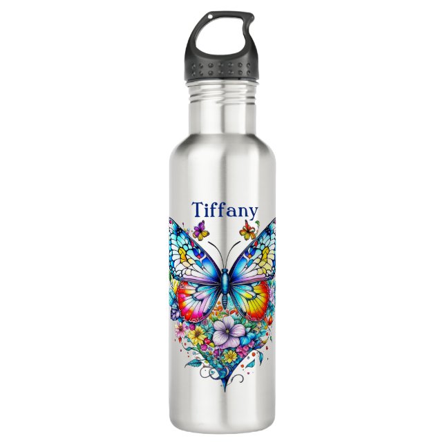 Schmetterling und Blumenherz Personalisiert Edelstahlflasche (Vorderseite)