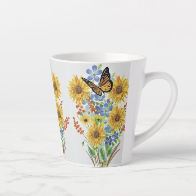 Schmetterling und gelbe Blumen Latte Tasse (Rechts)