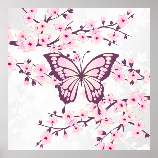 Schmetterling und Kirschblossom Rosa Weiß Poster (Vorne)