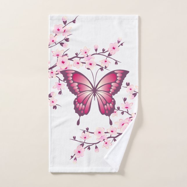 Schmetterling und Kirschblüten rosa weiß Handtuch (Handtuch)