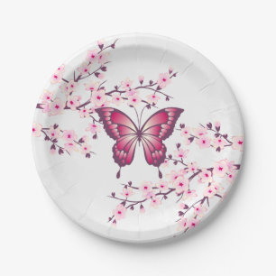 Schmetterling und Kirschblüten rosa weiß Pappteller