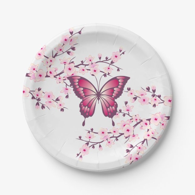 Schmetterling und Kirschblüten rosa weiß Pappteller (Vorderseite)