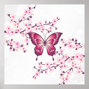 Schmetterling und Kirschblüten rosa weiß Poster