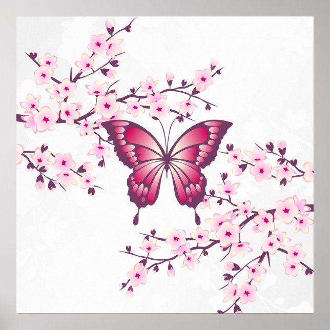 Schmetterling und Kirschblüten rosa weiß Poster (Vorne)