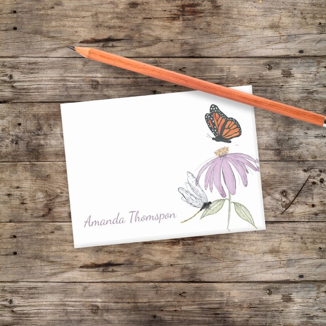 Schmetterling und Libelle mit lila Blüten individu Post-it Klebezettel (Botanical garden post it notes with purple cone flower, butterfly, and dragonfly)