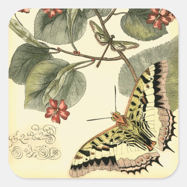 Schmetterling und Libelle mit roten Blume Quadratischer Aufkleber (Vorderseite)