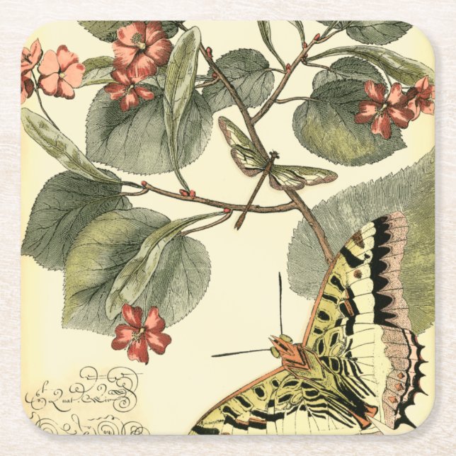 Schmetterling und Libelle mit roten Blume Rechteckiger Pappuntersetzer (Vorderseite)