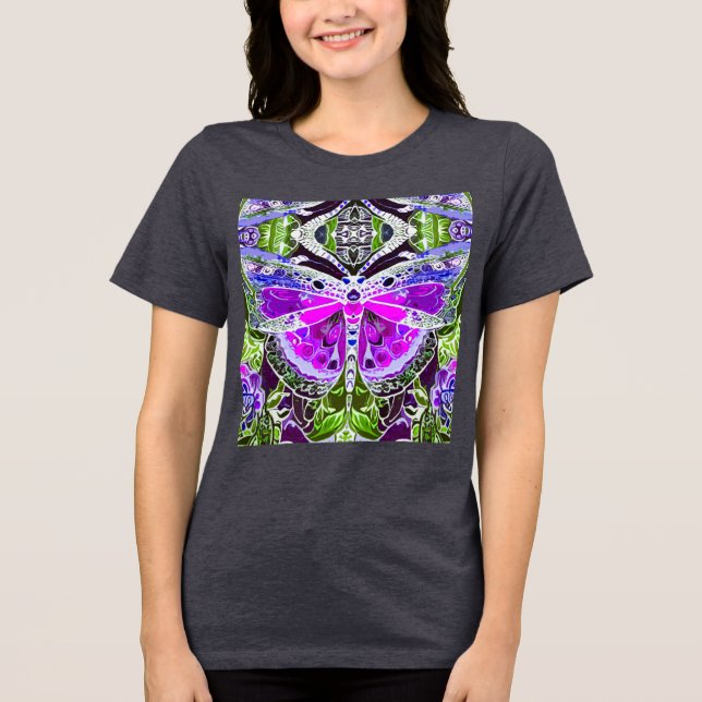 Schmetterling und Medallion Batik Muster in Violet Tri-Blend Shirt (Vorderseite)