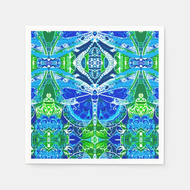 Schmetterling und Medallion Muster in Blau Serviette (Vorderseite)