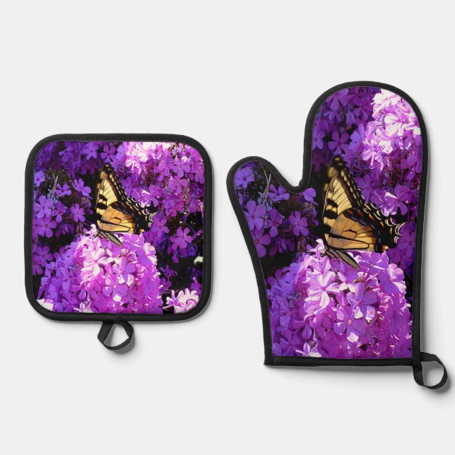 Schmetterling und Phlox Ofenhandschuh & Topflappen-Set (Vorderseite)