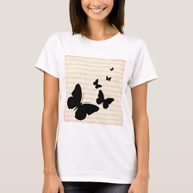 Schmetterling und rosa Notizen T-Shirt (Vorderseite)