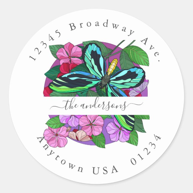 Schmetterling und Rücksendeadresse Umschlag Aufkle Runder Aufkleber (Vorderseite)