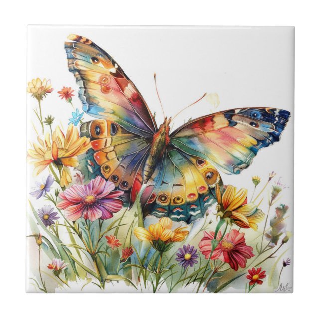 Schmetterling und Wildblumen Keramik Tile Fliese (Vorderseite)