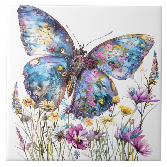 Schmetterling und Wildblumen Keramik Tile Fliese (Vorderseite)