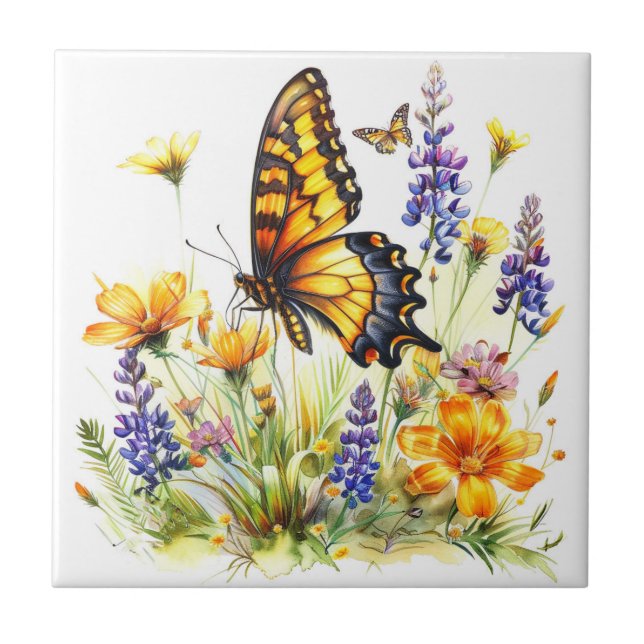 Schmetterling und Wildblumen Keramik Tile Fliese (Vorderseite)