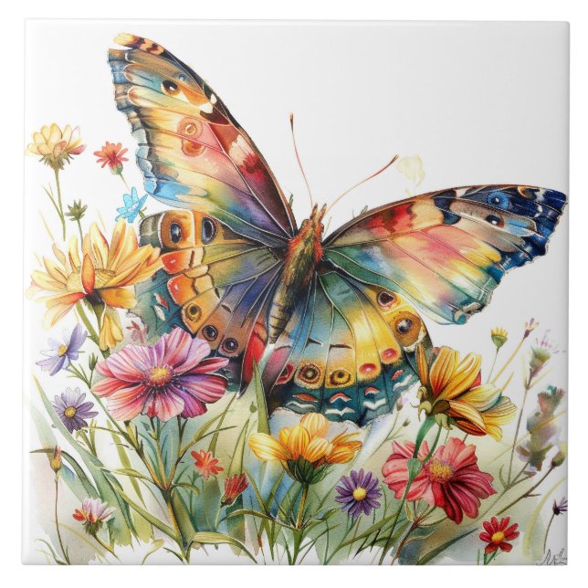 Schmetterling und Wildblumen Keramik Tile Fliese (Vorderseite)