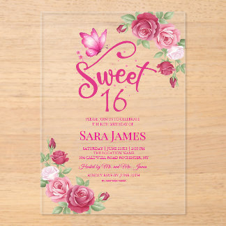 Schmetterling Verzauberte Rose Sweet 16 Geburtstag Acryleinladungen