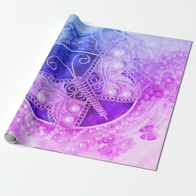 Schmetterling Vintag Romantisch Lila Rosa Decoupag Geschenkpapier (Ungerollt)