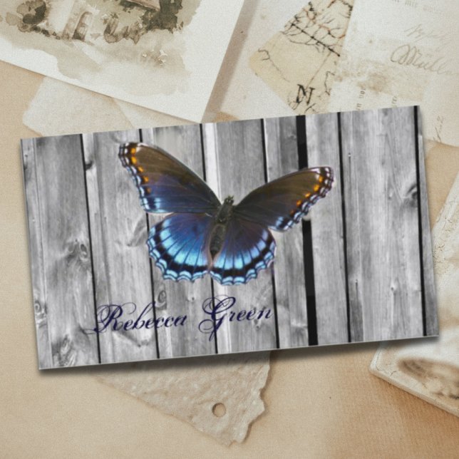 Schmetterling Visitenkarte (elegant country barn wood blue butterfly business card)