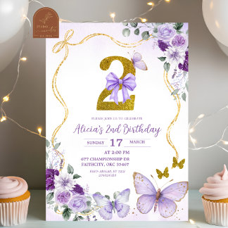 Schmetterling Zweiter Geburtstag Bow Coquette Lila Einladung