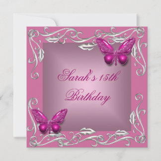 Schmetterlinge 15. Geburtstagsparty Silver Pink Bl Einladung