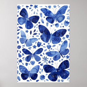Schmetterlinge Aquarell Indigoblau Poster