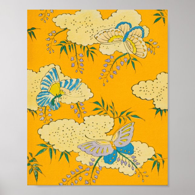 Schmetterlinge auf Blume Vintage japanische Print Poster (Vorne)