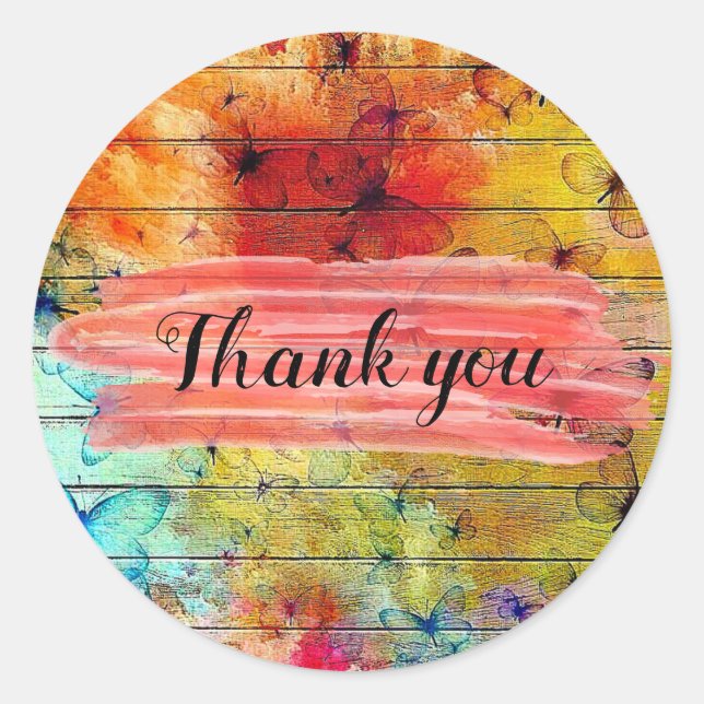 Schmetterlinge auf einem bunten rustikalen Holz Vi Runder Aufkleber (Vorderseite)