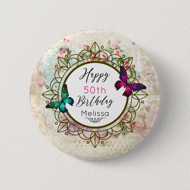 Schmetterlinge auf einer schäbigen Vintage-Collage Button (Vorderseite)
