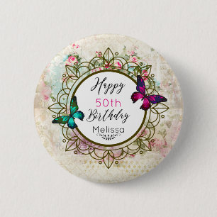 Schmetterlinge auf einer schäbigen Vintage-Collage Button