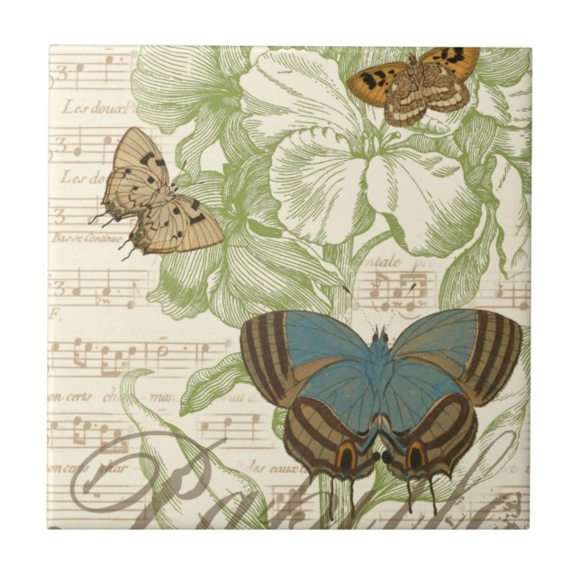 Schmetterlinge auf Notenpapier mit Blumendesign Fliese (Vorderseite)