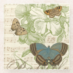 Schmetterlinge auf Notenpapier mit Blumendesign Glasuntersetzer