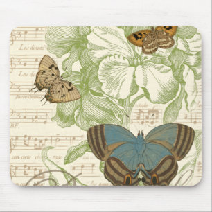 Schmetterlinge auf Notenpapier mit Blumendesign Mousepad