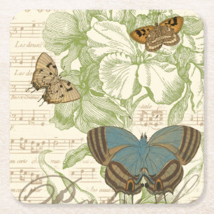 Schmetterlinge auf Notenpapier mit Blumendesign Rechteckiger Pappuntersetzer
