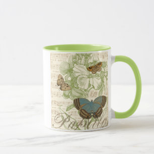 Schmetterlinge auf Notenpapier mit Blumendesign Tasse