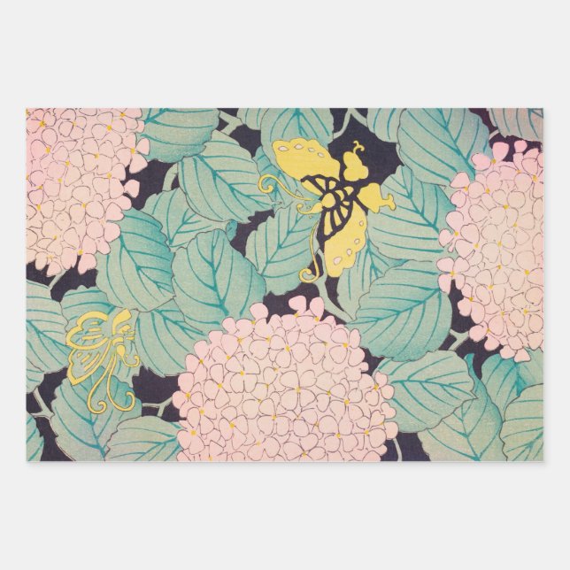 Schmetterlinge auf Pink Hydrangea Vintag Japanisch Geschenkpapier Set (Vorderseite)