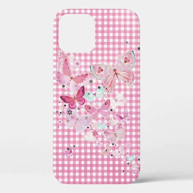 Schmetterlinge auf rosa Gingham Case-Mate iPhone Hülle (Rückseite)