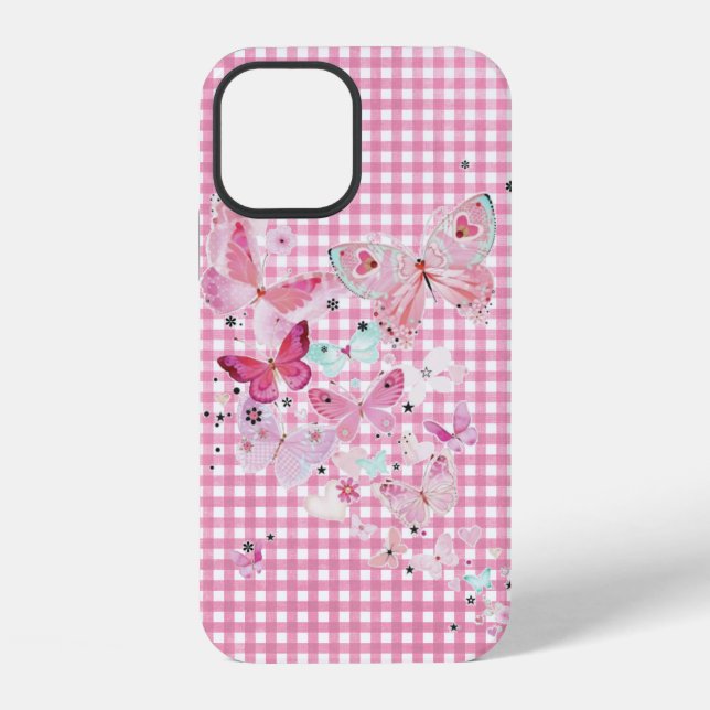 Schmetterlinge auf rosa Gingham iPhone Hülle (Rückseite)