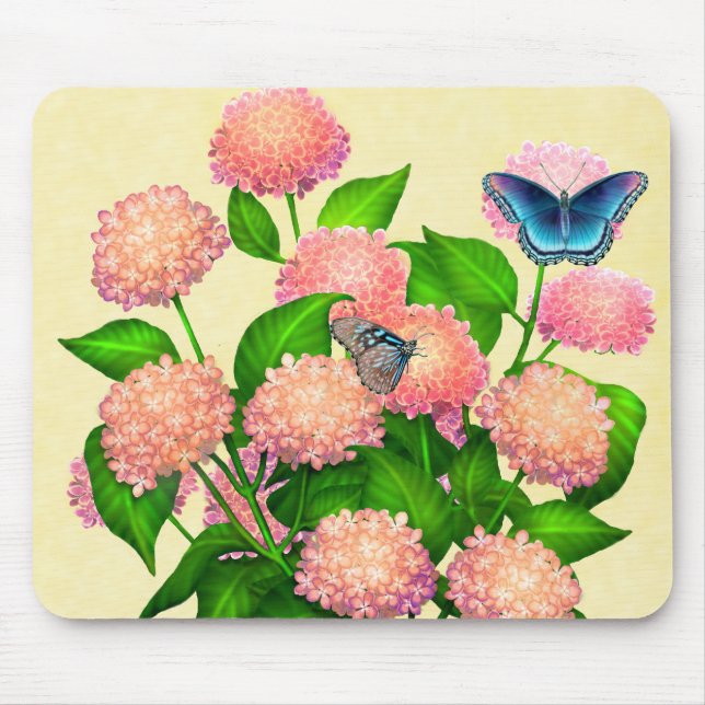 Schmetterlinge auf rosa Hydrangeas Mousepad (Vorne)