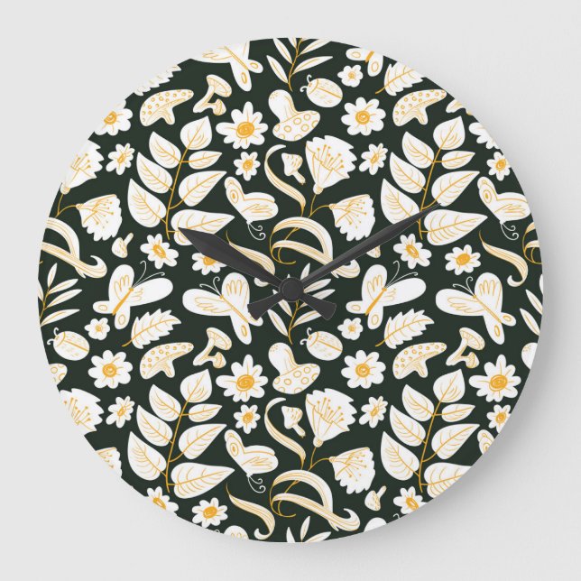 Schmetterlinge & Blume: Doodle Summer Pattern. Große Wanduhr (Vorderseite)