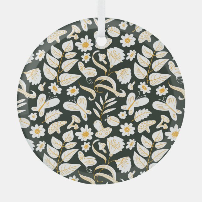 Schmetterlinge & Blume: Doodle Summer Pattern. Ornament Aus Glas (Vorderseite)