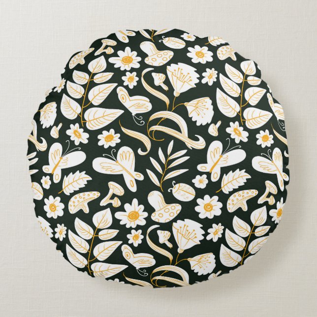 Schmetterlinge & Blume: Doodle Summer Pattern. Rundes Kissen (Vorderseite)