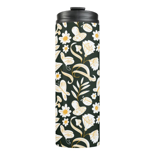 Schmetterlinge & Blume: Doodle Summer Pattern. Thermosbecher (Vorderseite)