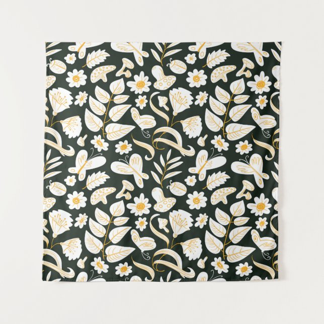 Schmetterlinge & Blume: Doodle Summer Pattern. Wandteppich (Vorderseite)