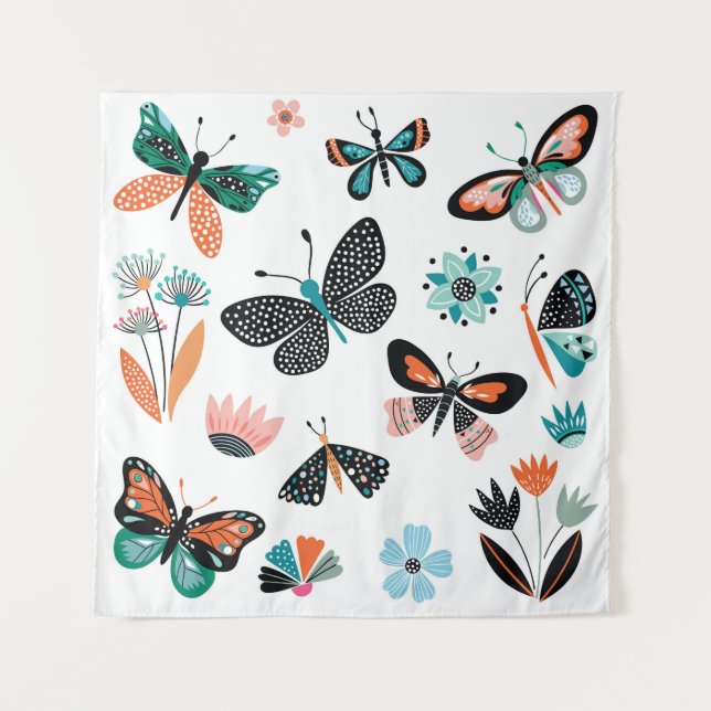 Schmetterlinge Blume: Handgezeichnete Sammlung Wandteppich (Vorderseite)